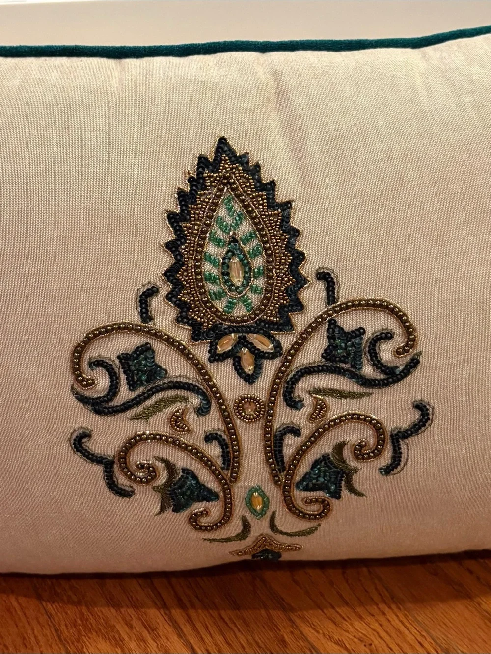 Cream Embroidered Accent Pillow with Green and Gold Motif